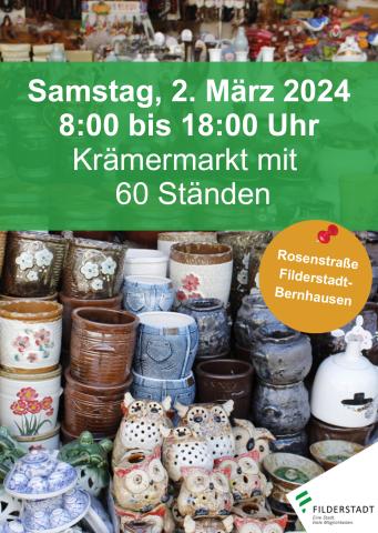 Plakat Krämermarkt 2024 am 02. März 2024 mit 60 Ständen Rosenstraße in Filderstadt-Bernhausen