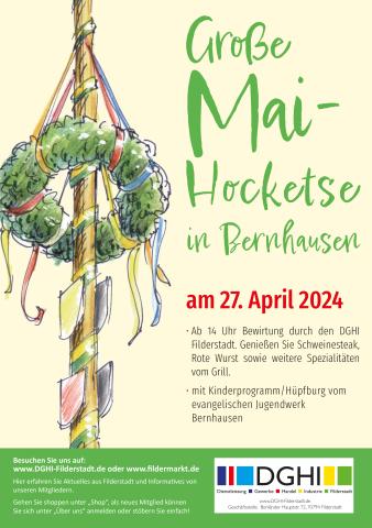 Große Mai-Hocketse in Bernhausen am 27.04.2024. Das Plakat zeigt einen Maibaum auf gelbem Grund.