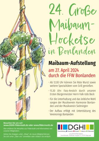 24. Große Maibaum-Hocketse in Bonlanden am 27.04.2024. Das Plakat zeigt einen Maibaum auf gelbem Grund.